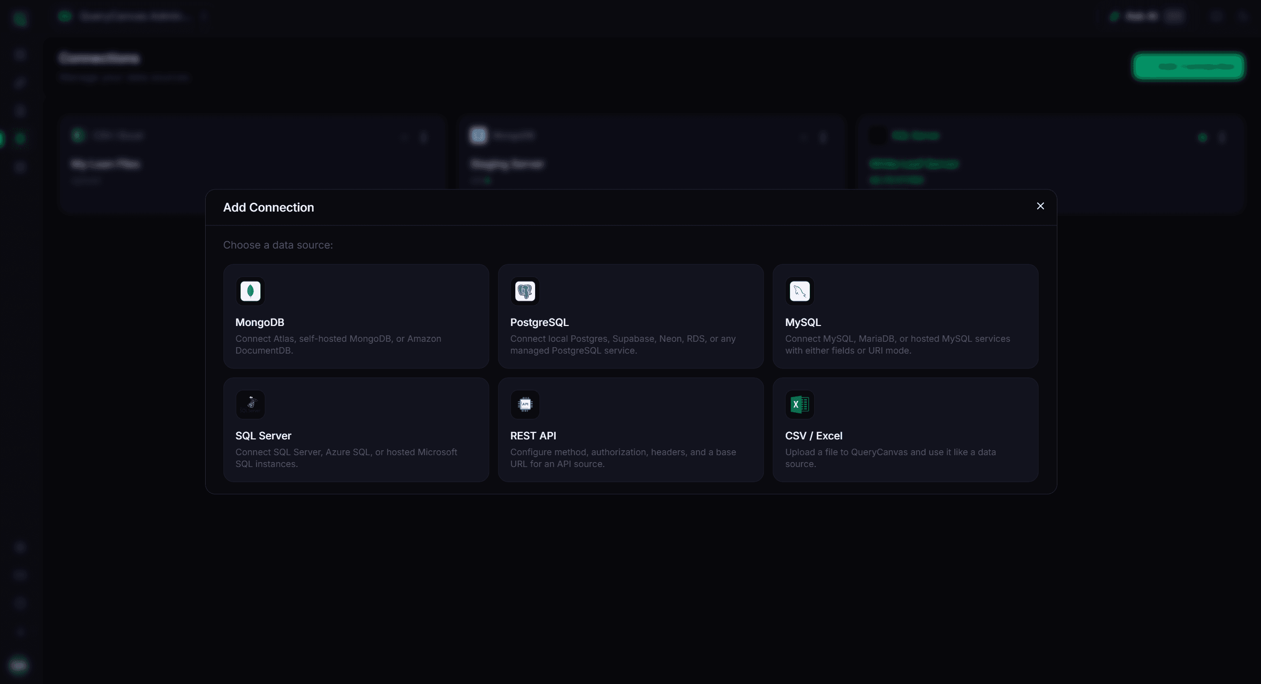QueryCanvas connection setup for adding a new data source